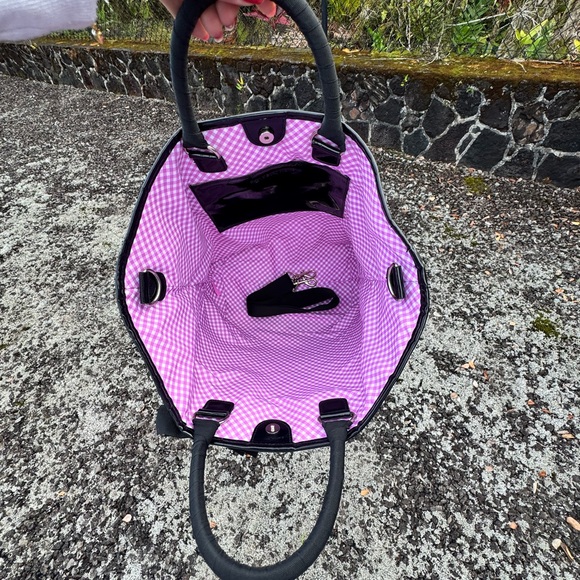 Bath & Body Works Straw Tote Basket Bag Pink Gingham Lining Black Handles - Picture 8 of 12